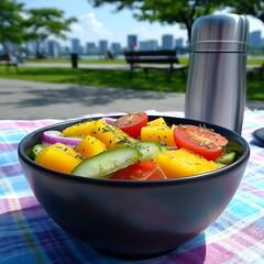 Colorful summer salad on a picnic