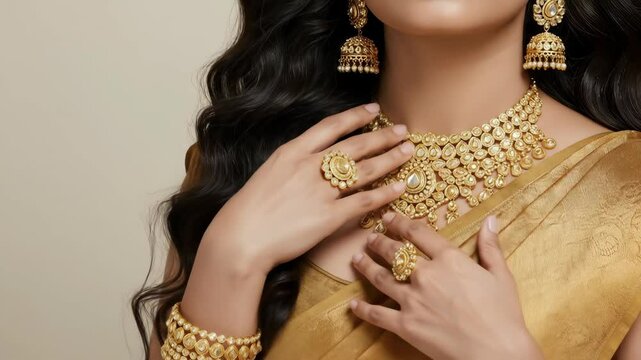 Elegant Woman in Gold Jewelry - Close-up of a woman with long black hair wearing a stunning gold necklace, earrings, rings, and bangles.