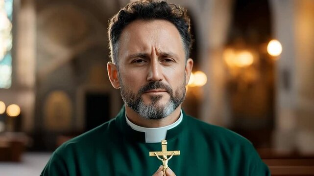 Portrait of middle aged male priest with beard holding crucifix, standing in church interior with stained glass windows, green clerical robe, cross, religion, spiritual devotion, peaceful prayer