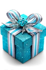 Teal gift box with ribbon and decorations