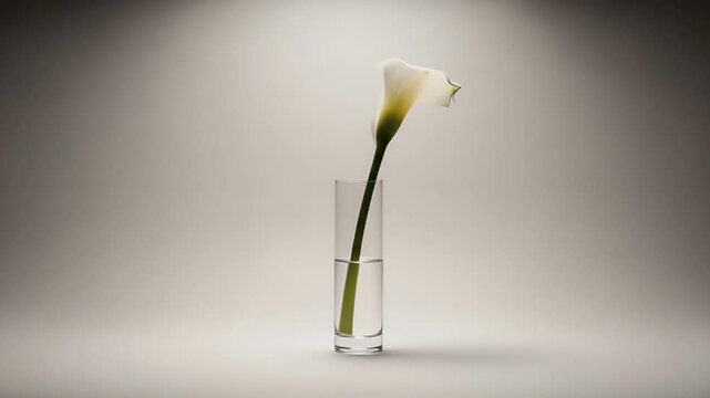 A single white calla lily in a clear glass vase
