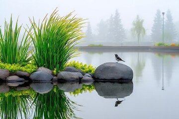 Misty morning pond scene with bird