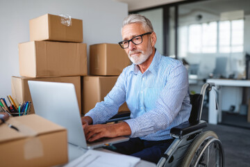 Senior man wheelchair office laptop cardboard box workspace glasses business working professional focused modern