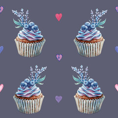 Seamless watercolor pattern with blueberry cupcake with lavender and hearts on a blue lilac gray background