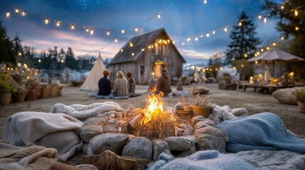 Cozy campfire gathering rustic farmhouse backyard evening event outdoor setting warm atmosphere friendship and bonding