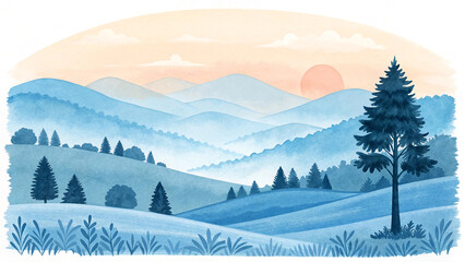 Fototapeta premium Serene blue mountain vista with soft peach sky landscape mountains