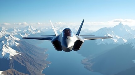 F 35 Fighter Jet Flying Over Snow Capped Mountains and a Blue Lake on Sunny Day Military Aircraft in Flight Aerial View