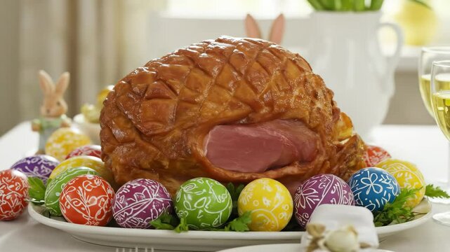 Glazed Ham with Easter Eggs and Bunnies - A delicious glazed ham takes center stage on an Easter table, surrounded by vibrantly colored, decorated Easter eggs and charming bunny figurines.