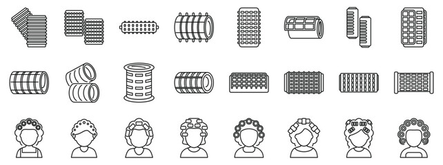 Hair rollers icons set. Hair rollers in various shapes and sizes, along with women sporting stylish curls, perfect for showcasing hair styling tools and techniques