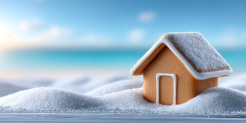 Gingerbread house on snow-covered beach