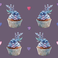 Seamless watercolor pattern with blueberry cupcake with lavender and hearts on purple lilac gray background