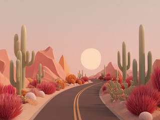 Minimalist desert highway at dusk surrounded by  botanical structures mimicking native cacti, pastel earth tone palette with soft orange, terracotta, and pale olive gradients. 