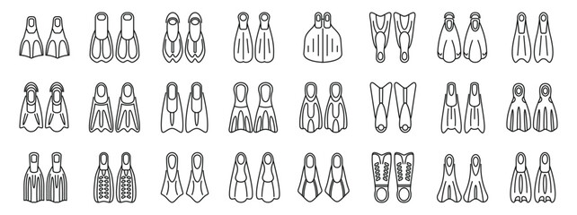 Scuba flippers icons set. Diver fins or flippers icon set. Outline set of diver fins or flippers vector icons for web design isolated on white background © anatolir