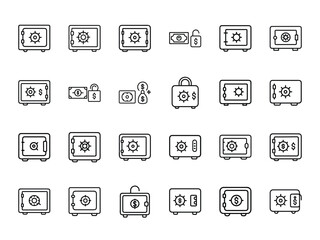 Bundle of Currency Safe and Lock Icons in Silhouettes Style on White Background – Secure Money Storage, Vault, and Finance Protection Vector Set

