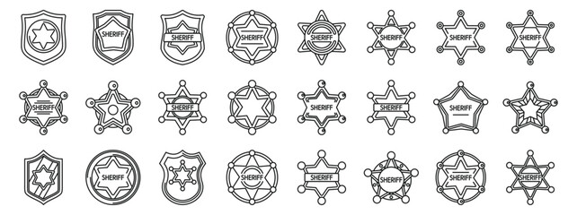 Sheriff badge icons set. Set of sheriff star icons representing authority, law enforcement, and the wild west, suitable for security, legal, or western themed projects