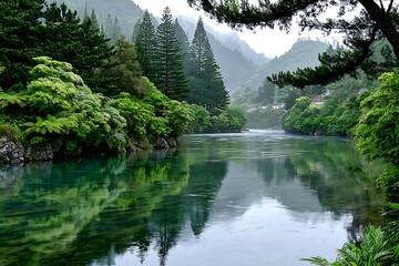 Misty river valley with lush greenery