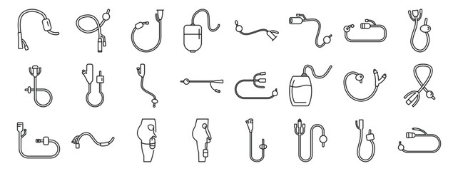 Urinary catheter icons set. Infusion lines and devices used in medical settings for delivering fluids and medications to patients
