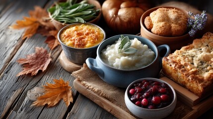 Thanksgiving feast preparation cozy dining room food photography autumn ambiance close-up view culinary tradition