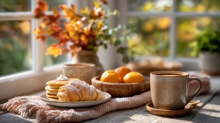 Morning breakfast delight cozy kitchen food arrangement natural light warm atmosphere comforting concept