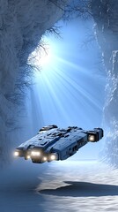 Futuristic ship in snowy cave