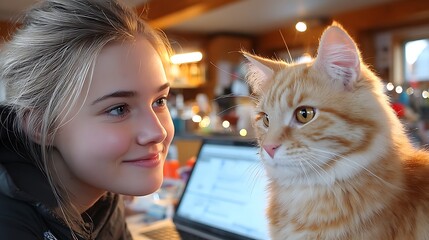 Teenage girl and ginger cat