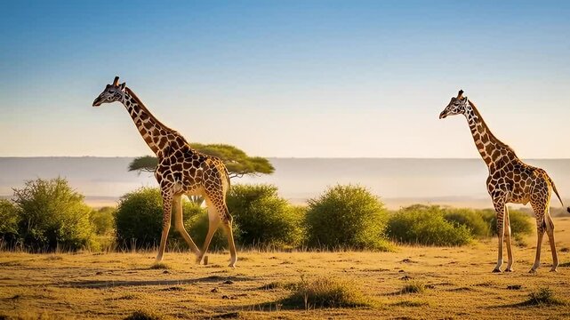 Two Giraffes Walking Across African Savanna Landscape at Sunrise