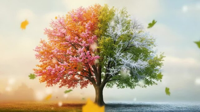 Four Seasons Tree - A single tree displays all four seasons simultaneously; spring blossoms, summer green leaves, autumn oranges and reds, and winter snow.