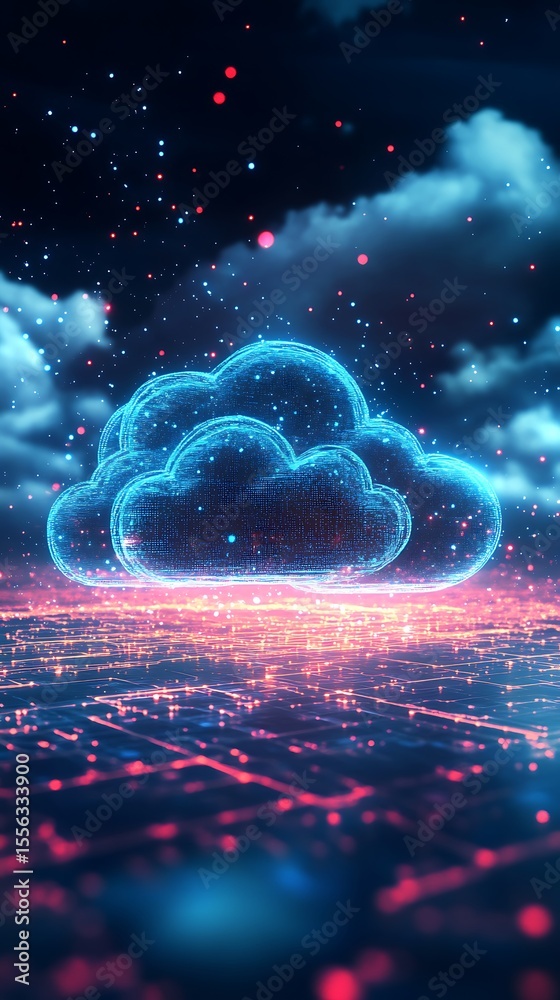 Poster luminous cloud computing, digital network, glowing data field, futuristic atmosphere