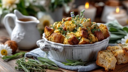 Delicious homemade stuffing recipe cozy kitchen food photography rustic atmosphere close-up shot comfort food inspiration