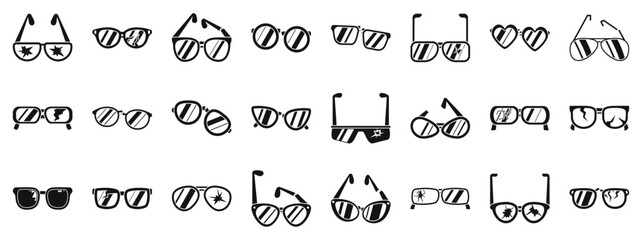 Broken glasses icons set. Various sunglasses icons depicting different shapes, styles, and conditions, including broken and heart shaped lenses