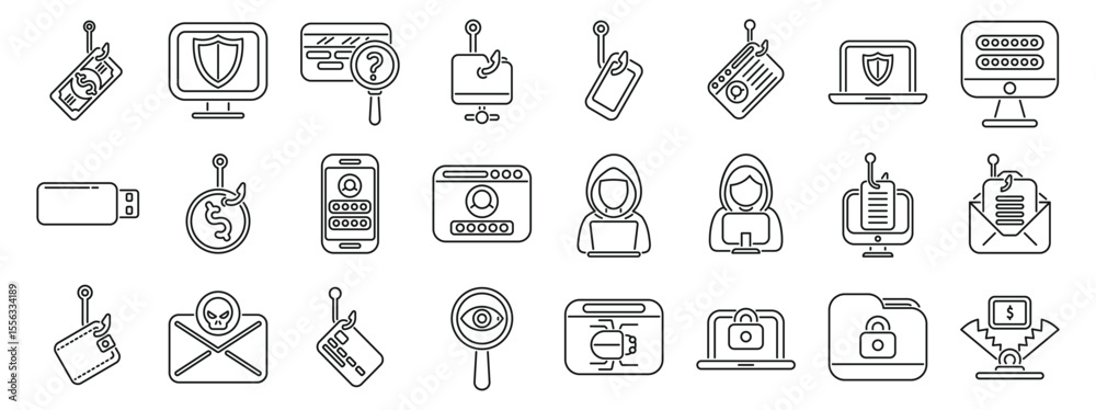 Aufkleber bait hacking icons set. phishing attacks and various cyber security threats targeting sensitive data