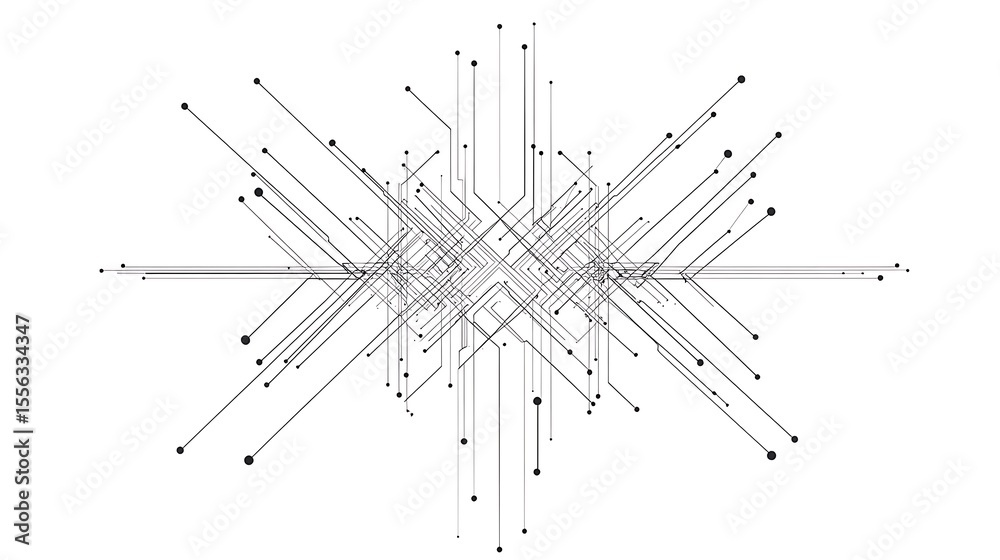 Aufkleber Network Circuit Board with Black Lines and Dots on a White Background Abstract Design