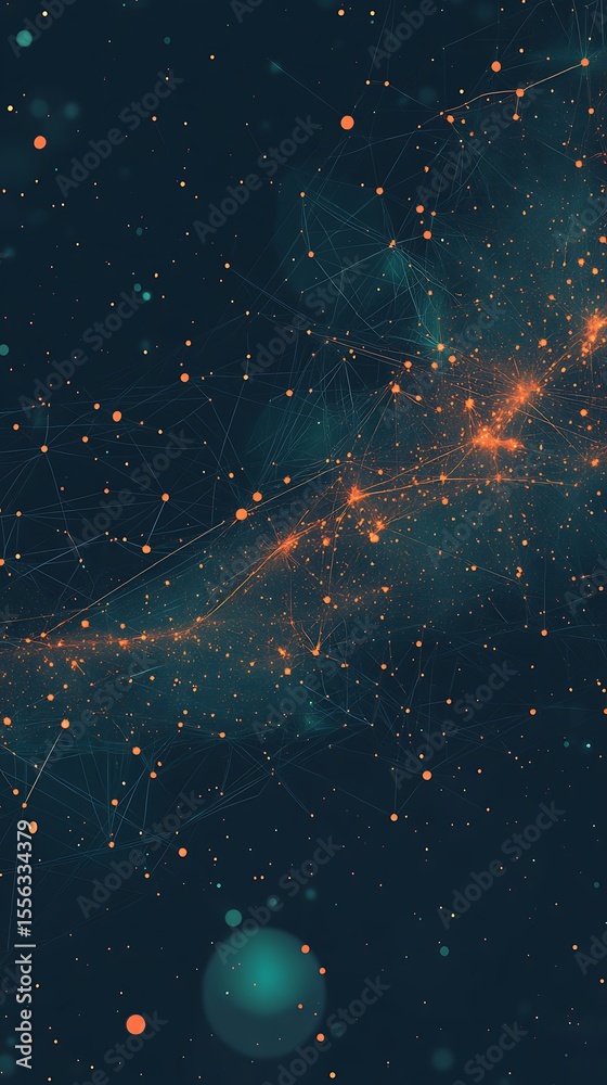 Poster network of teal lines connecting orange dots on a dark blue background design