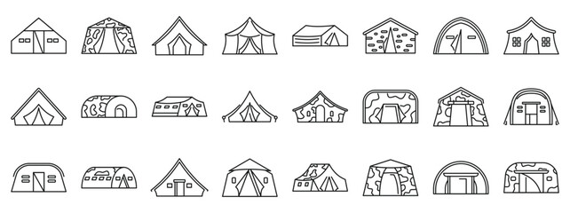 Fototapeta premium Military tent icons set. Line drawing icons showcasing various military tents and temporary structures, emphasizing mobility, camouflage, and functionality in field operations