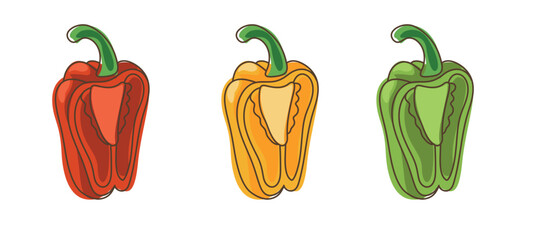 Cut open red, yellow and green bell peppers in cartoon flat style with inner part and stem, vegetable set isolated on white background