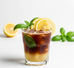 Fototapeta premium Lemon Basil Iced Coffee with herbal and citrus harmony, iced brew clarity, and botanical garnish styled freshly on clean white background.