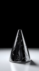Sleek metallic cone shape; minimalist product display; modern, cool tone; reflective surface; abstract background.