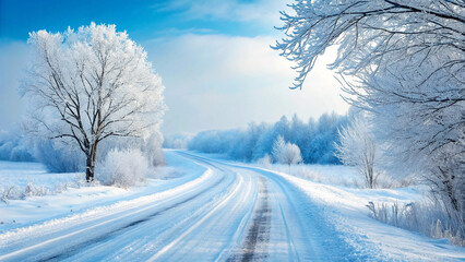 Snowy country road winding through frosted trees winter