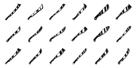 Machete knife icons set. Set of machete icons showing different types of machetes for cutting