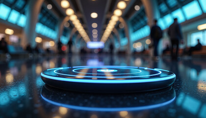 Charging station for mobile devices at airport terminal with blue lights  
