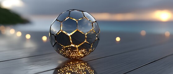 Futuristic soccer ball by the ocean