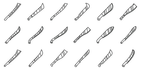 Machete knife icons set. Collection of machete knives icons representing diverse blade styles and functionalities