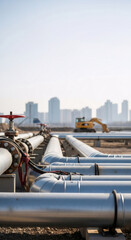Gas pipeline system in an industrial area, a network of metal pipes and valves for natural gas transport.