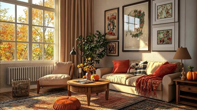 Cozy living room decorated with pumpkins, autumn leaves, warm textiles, and seasonal home decor creating a fall atmosphere