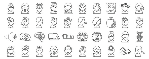 Autism symptoms icons set. Diverse set of icons representing various mental states and cognitive processes, useful for illustrating psychology, mental health, and human behavior
