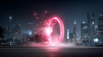Futuristic portal in city at night