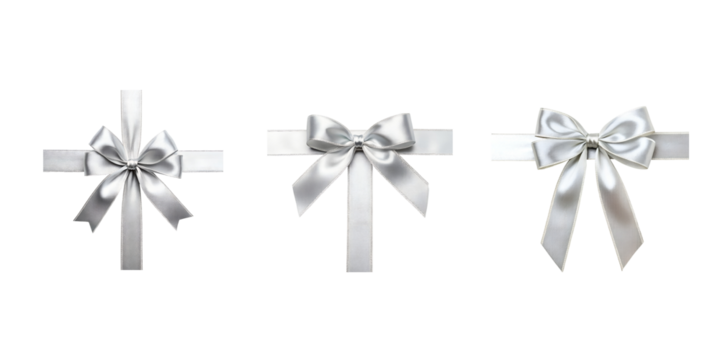 Elegant silver ribbon bows arranged in a minimalist style transparent background Generative AI