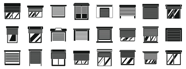Roller shutter up icons set. Set of simple black and white icons representing different types of roller shutters for windows and garage doors, providing security and privacy