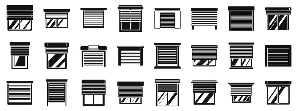 Roller shutter up icons set. Set of simple black and white icons representing different types of roller shutters for windows and garage doors, providing security and privacy