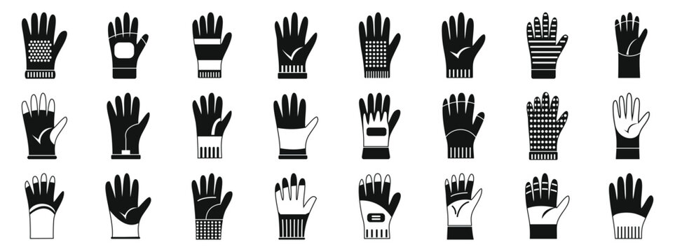 Construction gloves icons set. Set of various gloves offering protection and grip for diverse activities, from work to sports